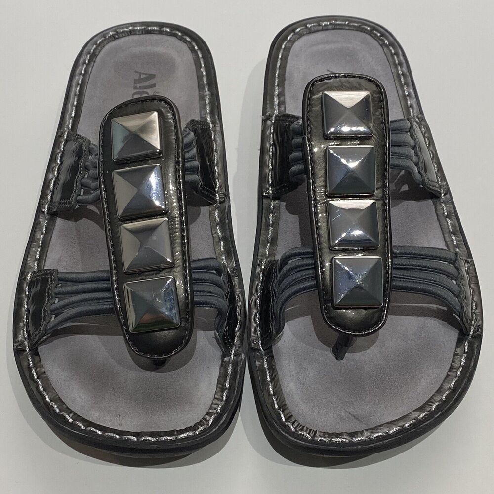 Alegria Pisa Sandals Chrome Leather Silver Studded Toe Post EU 36, US 6-6.5 EUC - Picture 2 of 8